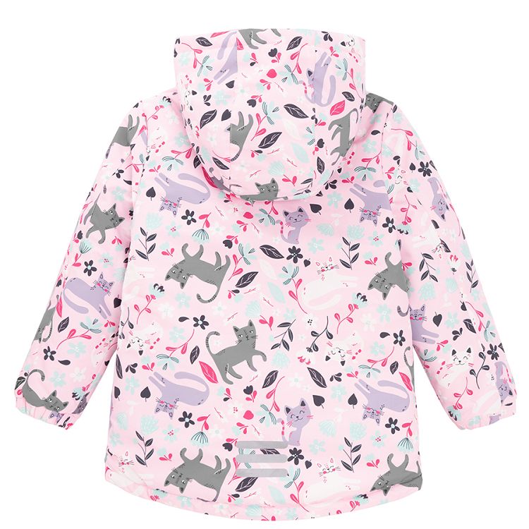 Pink ski jacket with cats and flowers print