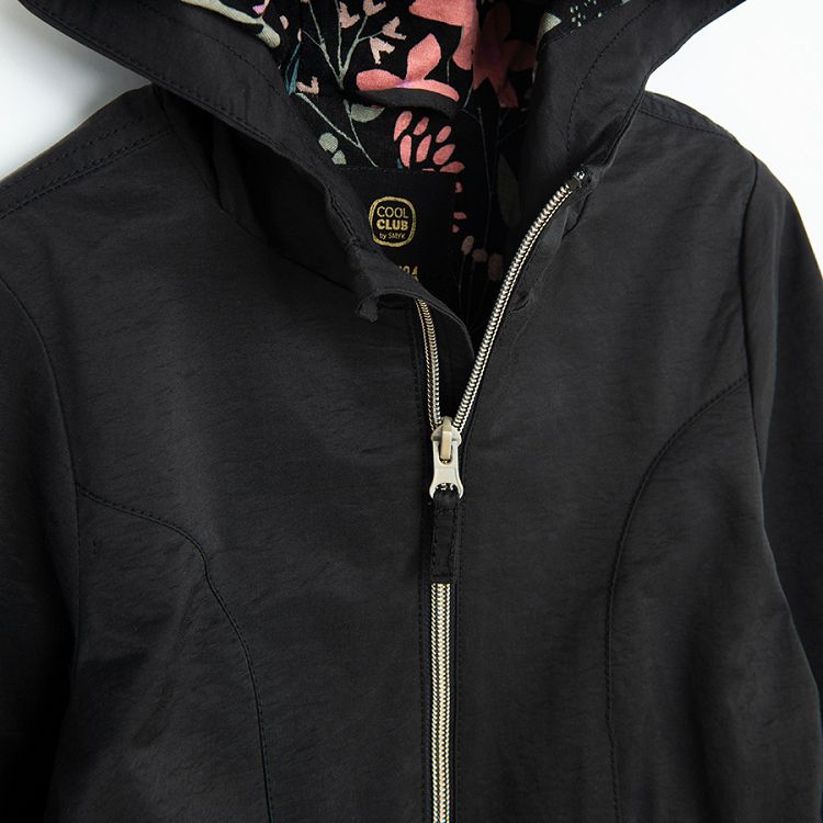 Black zip through hooded jacket and floral lining