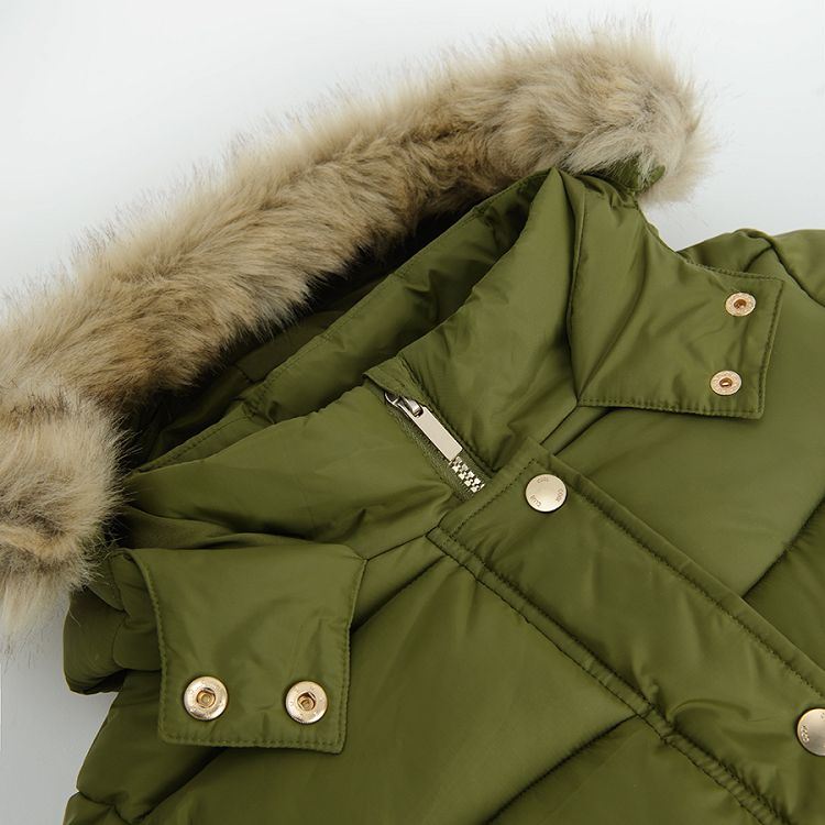 Khaki zip though jacket with fleece lining, detachable hood with fur