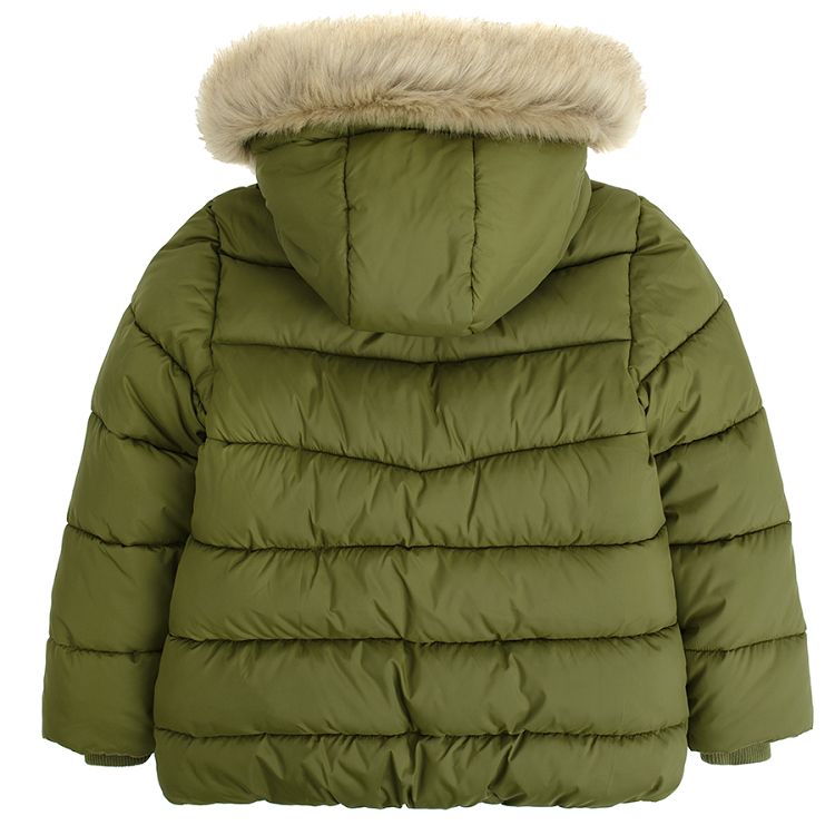 Khaki zip though jacket with fleece lining, detachable hood with fur