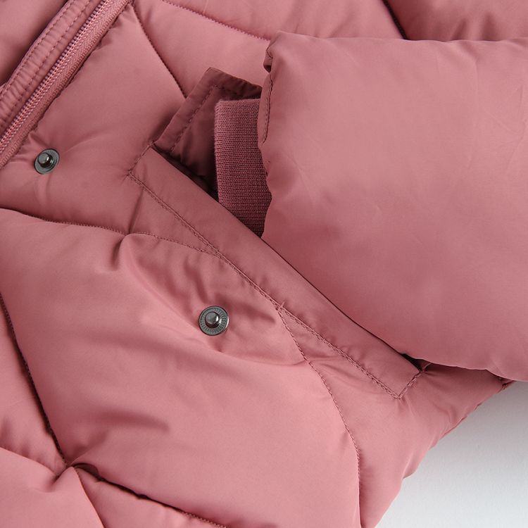 Μπουφάν ροζ μακρύ με επένδυση fleece και αποσπώμενη γούνα στη κουκούλα