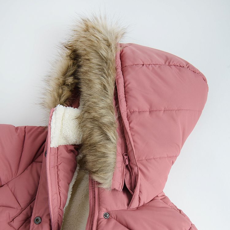 Μπουφάν ροζ μακρύ με επένδυση fleece και αποσπώμενη γούνα στη κουκούλα