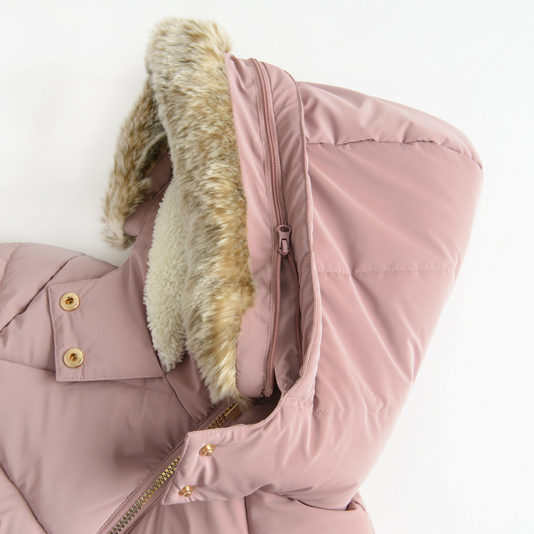 Dusty pink zip through jacket with furlike on the hood