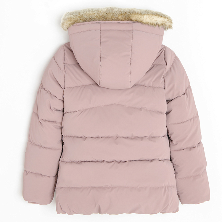 Dusty pink zip through jacket with furlike on the hood