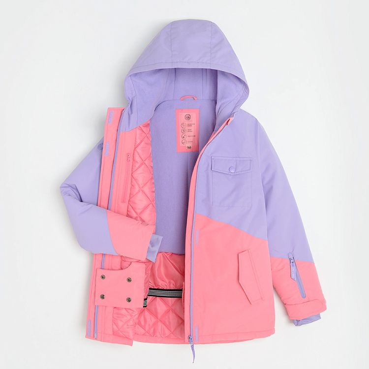Pink and purple zip through hooded ski jacket