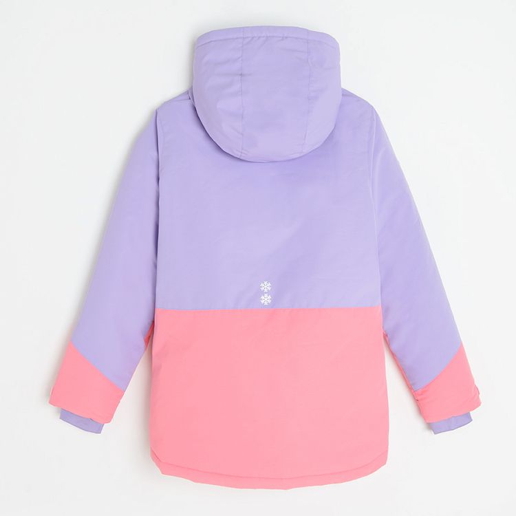 Pink and purple zip through hooded ski jacket