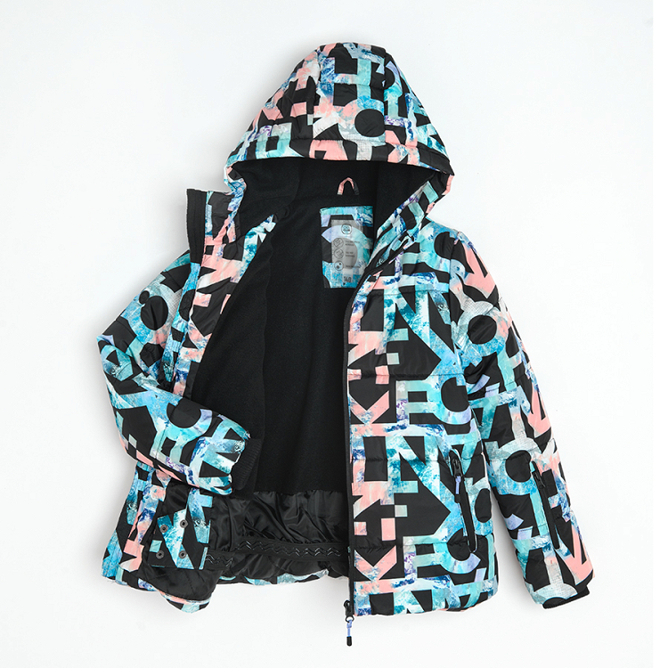 Black zip through hooded ski jacket with tick lines print