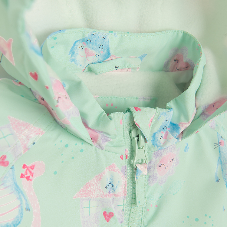 Mint hooded zip through jacket with fleece lining and cheeks print