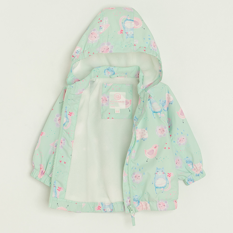 Mint hooded zip through jacket with fleece lining and cheeks print