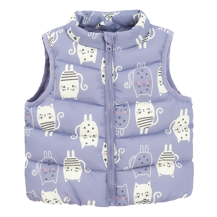 Purple zip through vest with kittens print