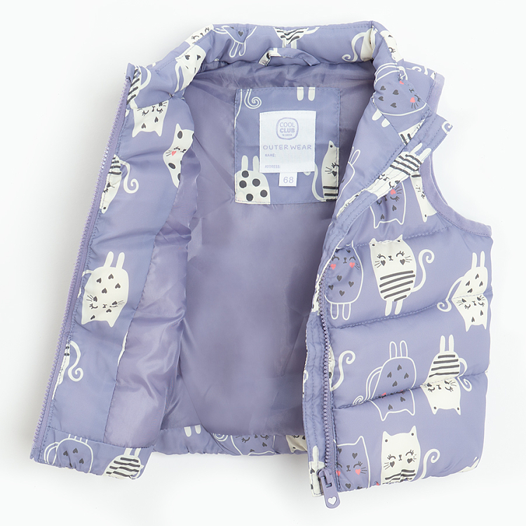 Purple zip through vest with kittens print