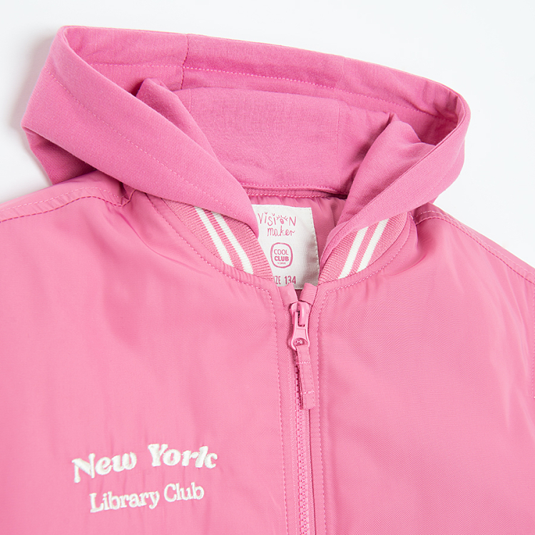 Μπουφάν ζακέτα ροζ με λευκά μανίκια, κουκούλα και στάμπα NEW YORK LIBRARY CLUB 11