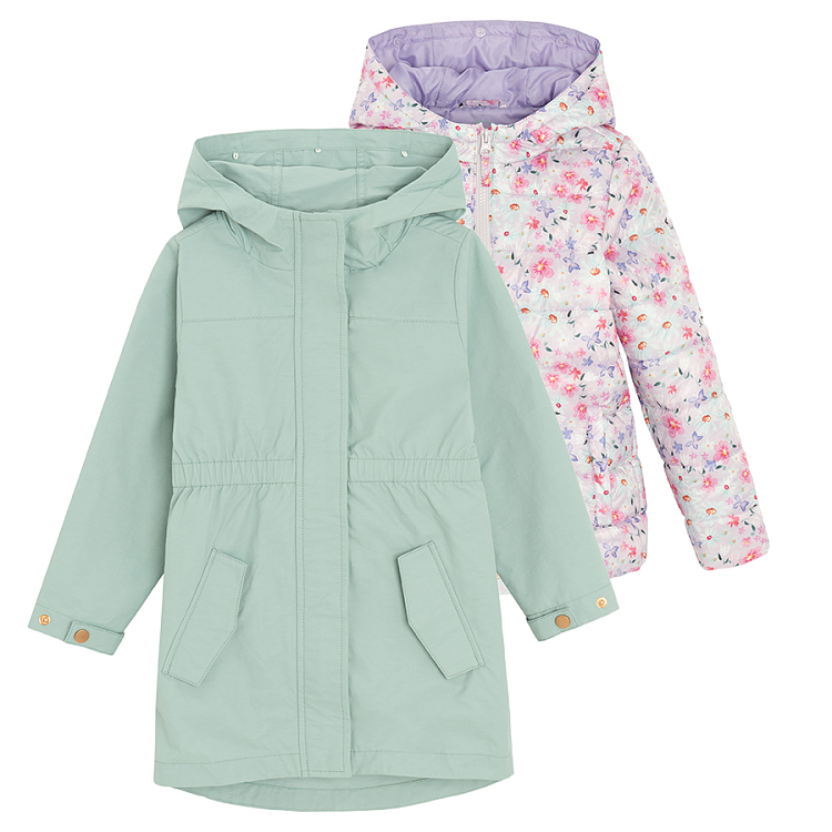 Green and floral zip through hooded jackets- 2 pieces