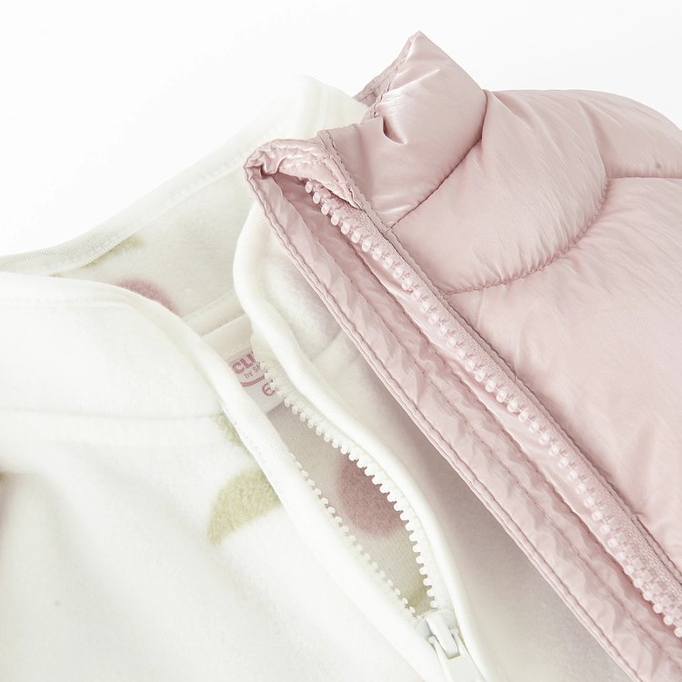 Μπουφάν 2 τμχ ζακέτα fleece λευκή με στάμπα κεράσια και αμάνικο μπουφάν ροζ