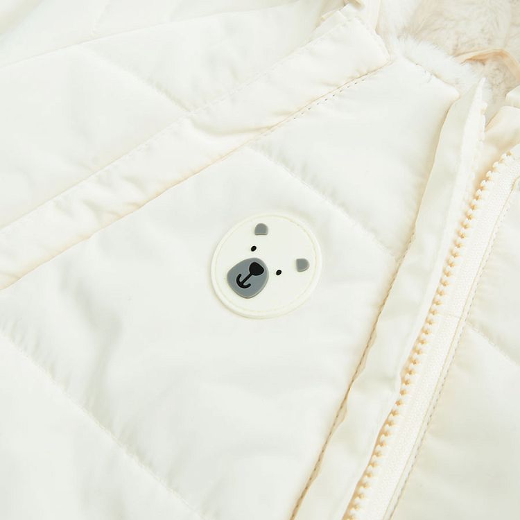 Ecru hooded snowsuit with bear print
