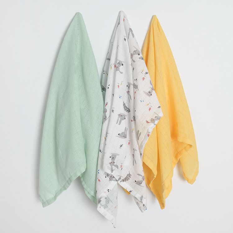 Mint yellow white with bunnies muslin nappies- 3 pack