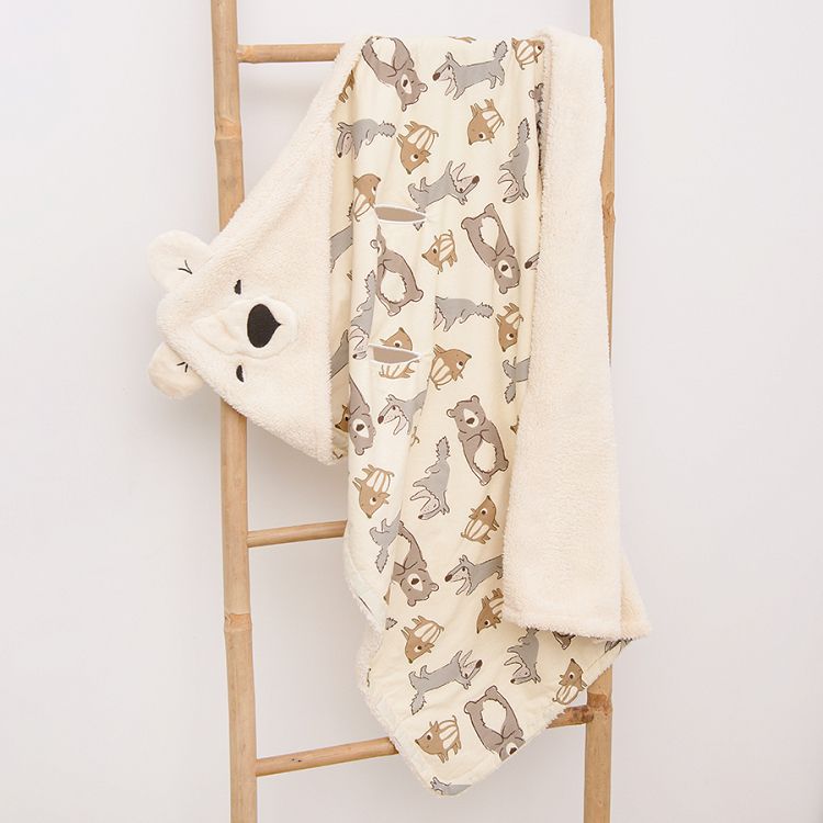 Κουβέρτα μπεζ με κουκούλα και θέμα ζωάκια του δάσους