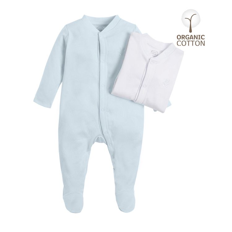 White and blue organic cotton footed bodysuits - 2 pack