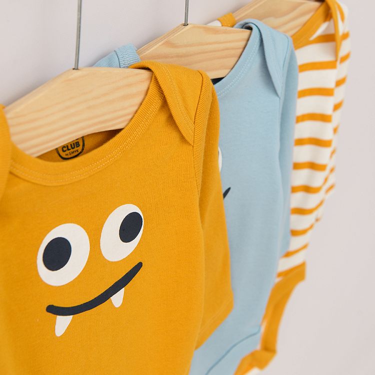 Yellow striped blue and yellow with funny face print long sleeve bodysuits 3 pack