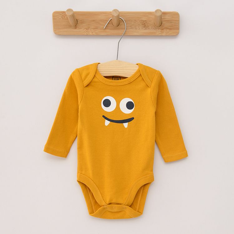 Yellow striped blue and yellow with funny face print long sleeve bodysuits 3 pack