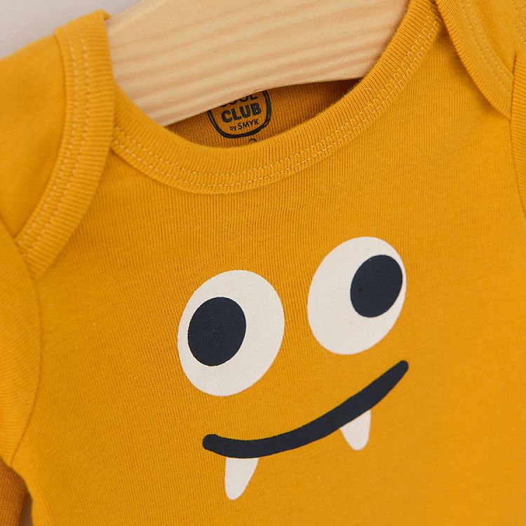 Yellow striped blue and yellow with funny face print long sleeve bodysuits 3 pack