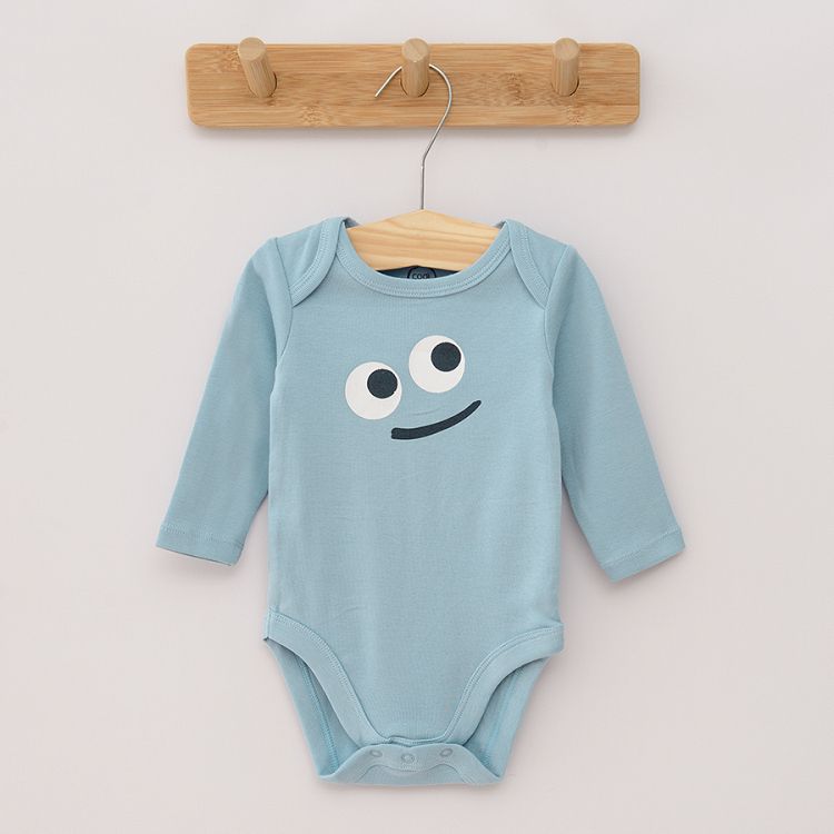 Yellow striped blue and yellow with funny face print long sleeve bodysuits 3 pack