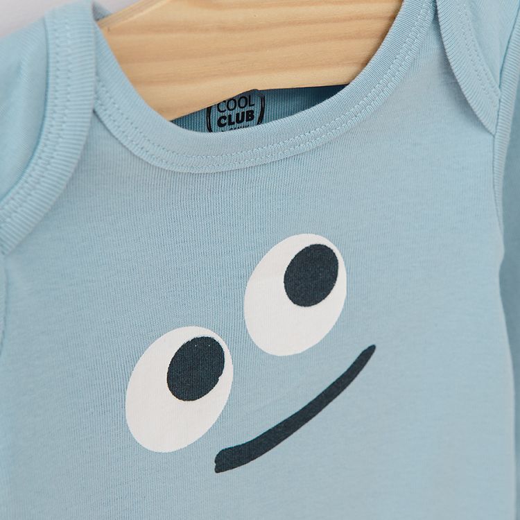 Yellow striped blue and yellow with funny face print long sleeve bodysuits 3 pack