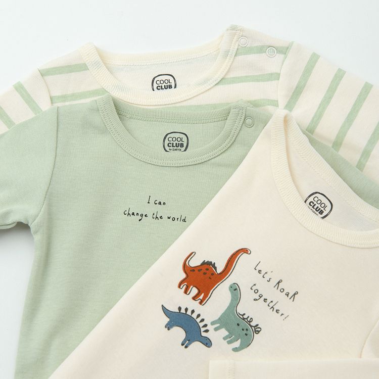 Off white and light green long sleeve bodysuits with dinosaurs print- 3 pack