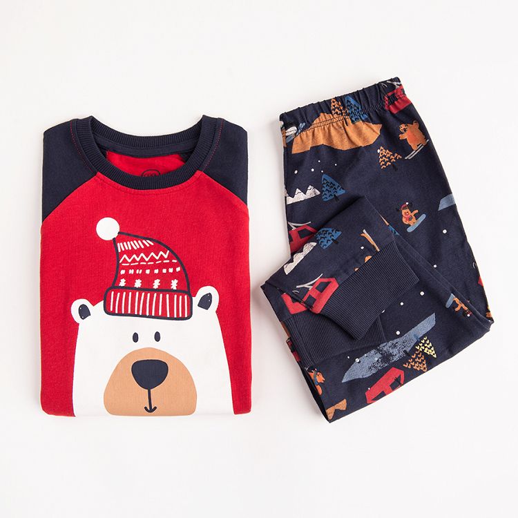Pyjamas, blue long sleeve blouse and pants with bear and Christmas prints