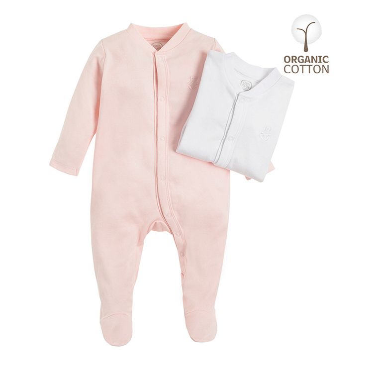 White and pink organic cotton footed bodysuits- 2 pack