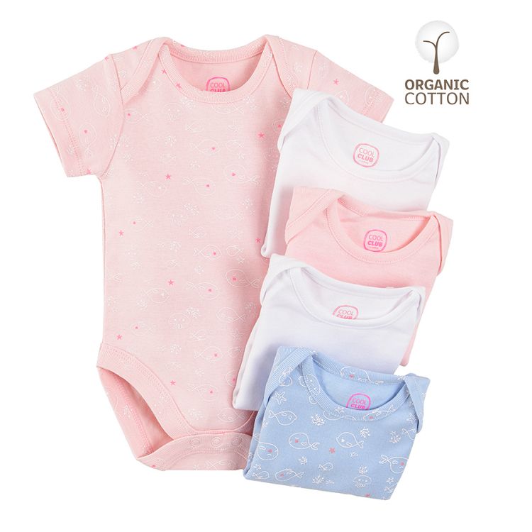 Pink white light blue short sleeve bodysuit with fish print 5-pack