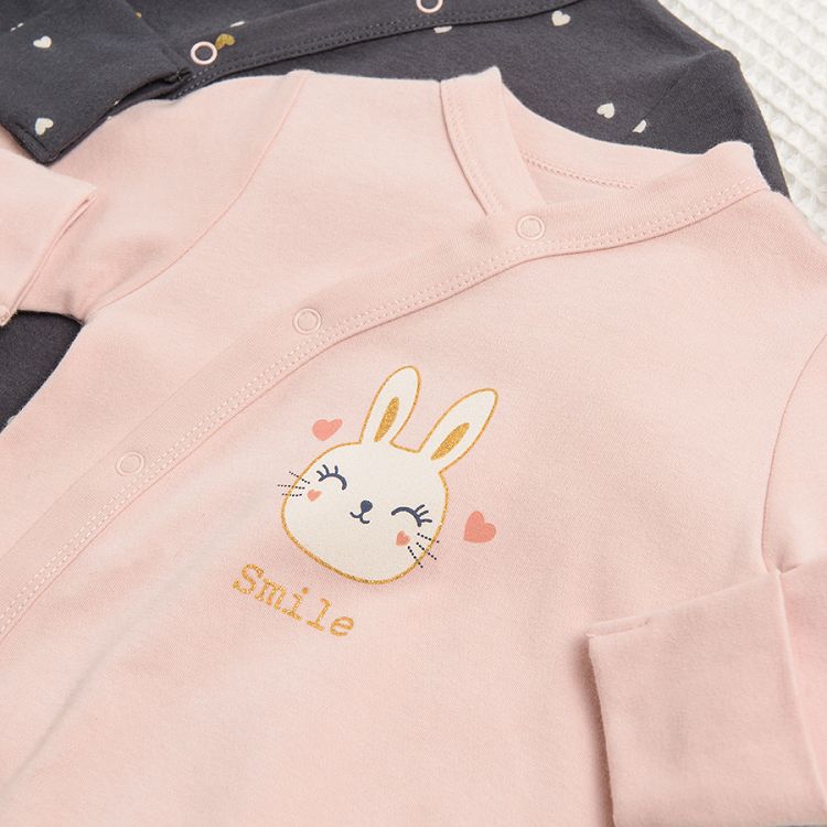 Brown and pink long sleeve wrap bodysuit with bunnies and hearts print