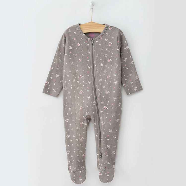 Grey and pink footed floral and bunnies print long sleeve footed sleepsuit with zipper