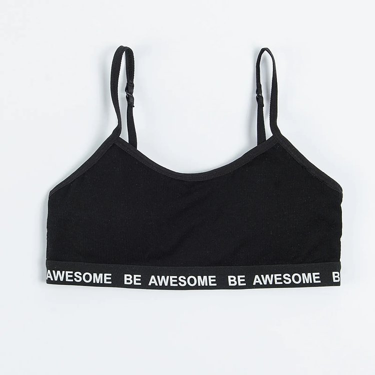 White and black bras with Be awesome print on the elastic band