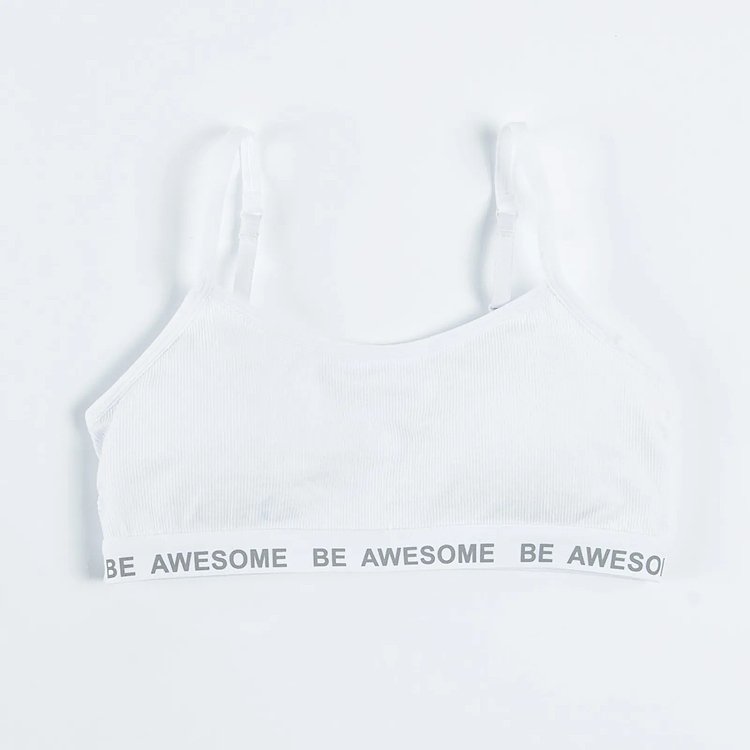 White and black bras with Be awesome print on the elastic band