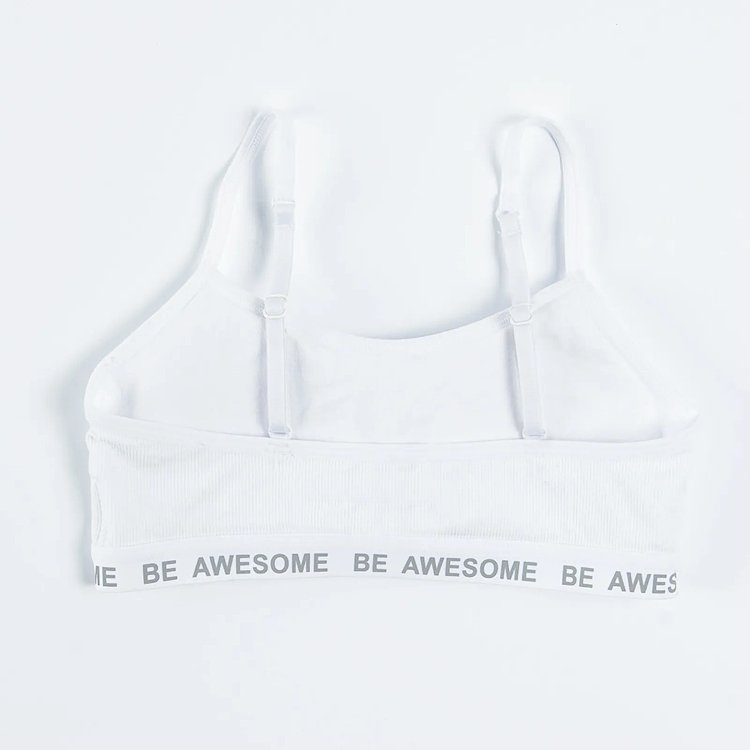 White and black bras with Be awesome print on the elastic band