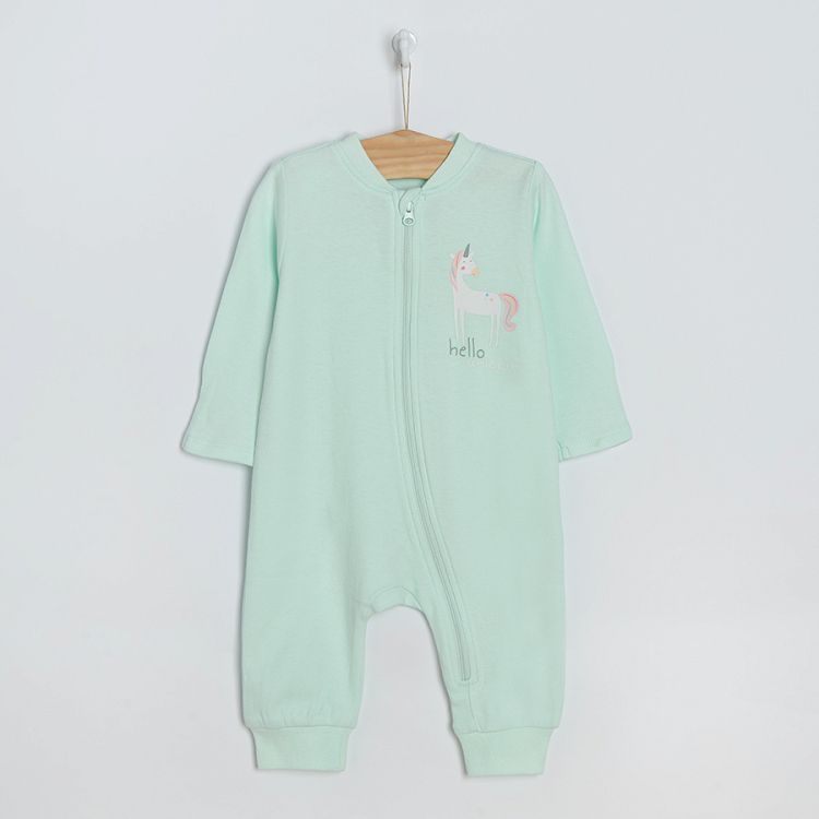 White and light green long sleeve sleepsuits with unicorn prints- 2 pack