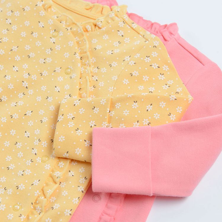 Pink and yellow long sleeve sleepsuits with roppers on the side- 2 pack