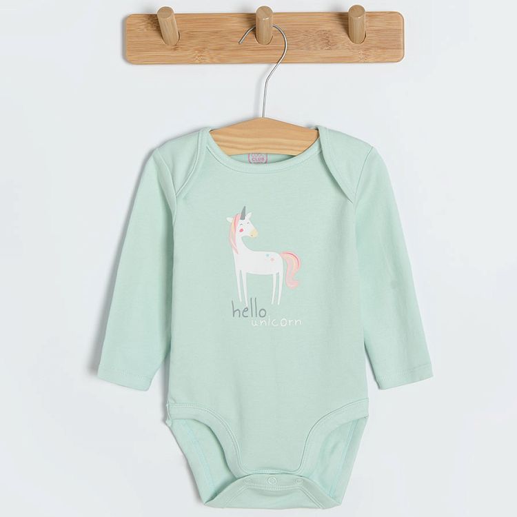 White grey and light green long sleeeve bodysuits with unicorn print- 3 pack