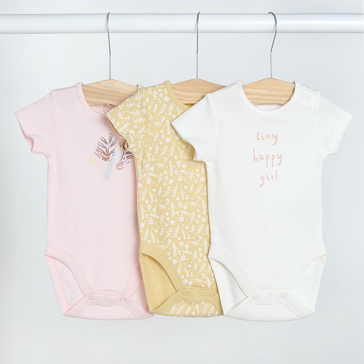 White yellow pink short sleeve bodysuits with delicate summer prints- 3 pack