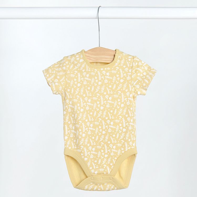White yellow pink short sleeve bodysuits with delicate summer prints- 3 pack