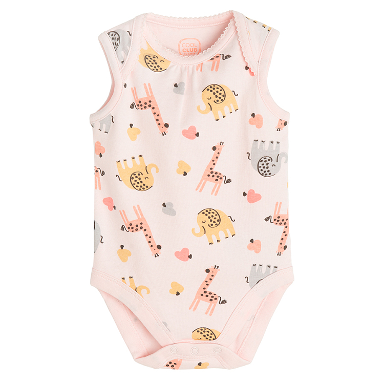 White and light pink sleeveless bodysuits with jungle animals and Happy Summer print- 2 pack