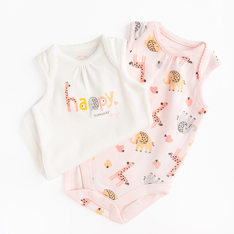 White and light pink sleeveless bodysuits with jungle animals and Happy Summer print- 2 pack