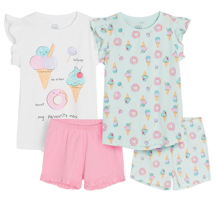 White and light blue sleevless with ice-creams blouses and light blue and pink shorts with ice-creams print pyjamas