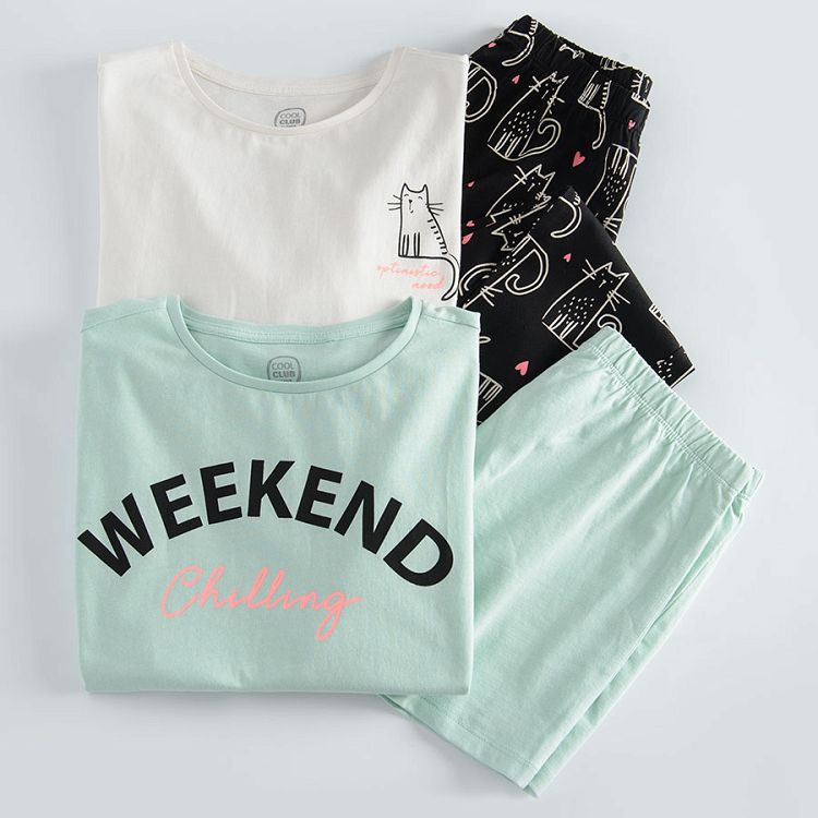 Green short sleeve and shorts pyjamas and cream long sleeve and pants pyjamas with kitten prints- 2 pack