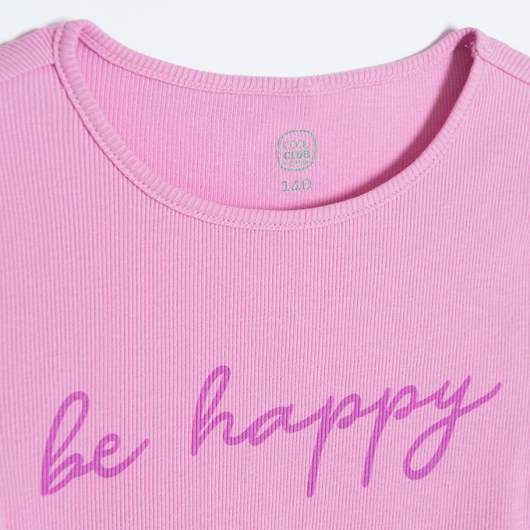 Πυτζάμες σετ κοντομάνικη μπλούζα ροζ και πουά σορτς με στάμπα be happy