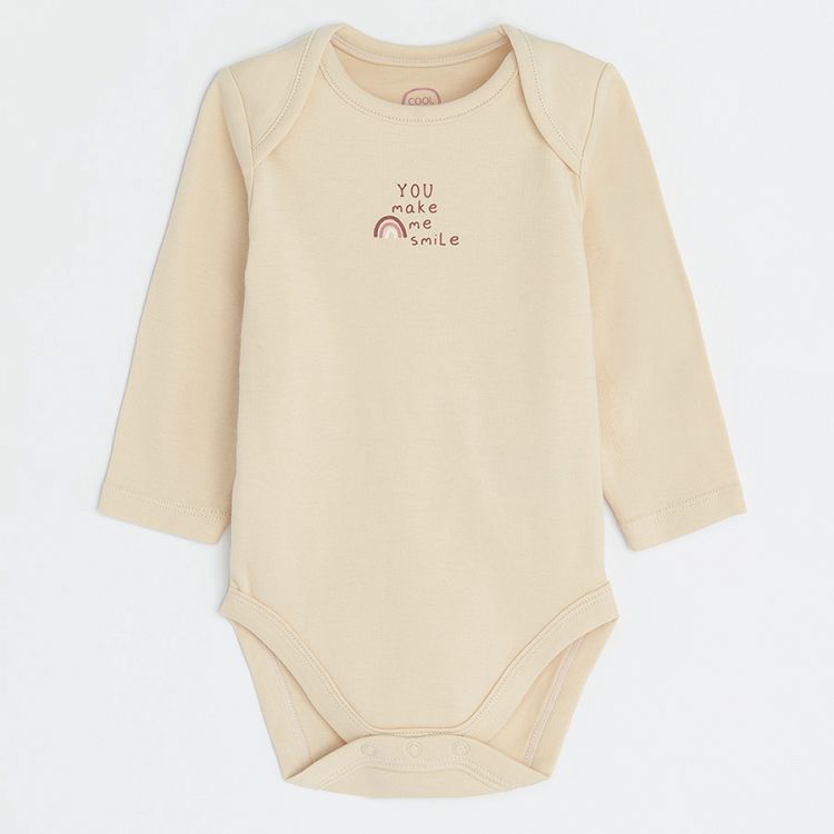 Off white, dusty pink and white long sleeve bodysuits with rainbow, pram and bunnies print- 5 pack