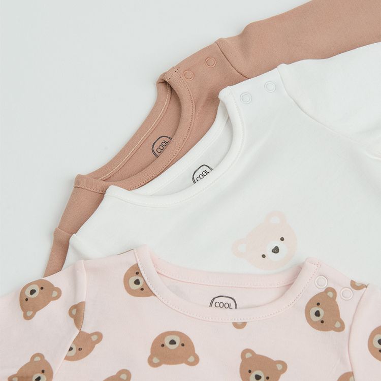 White, ecru and brown long sleeve bodysuits with bear print- 3 pack