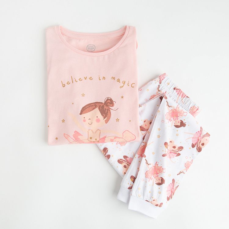 Pyjamas, pink long sleeve blouse and white pants with ballerinas print