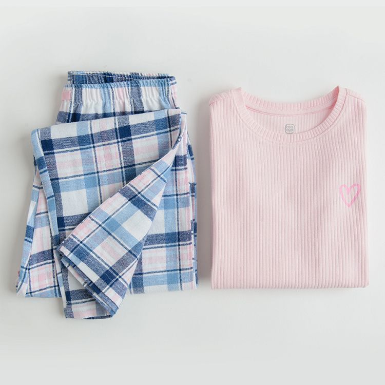 Pyjamas, pink long sleeve blouse and checked pants